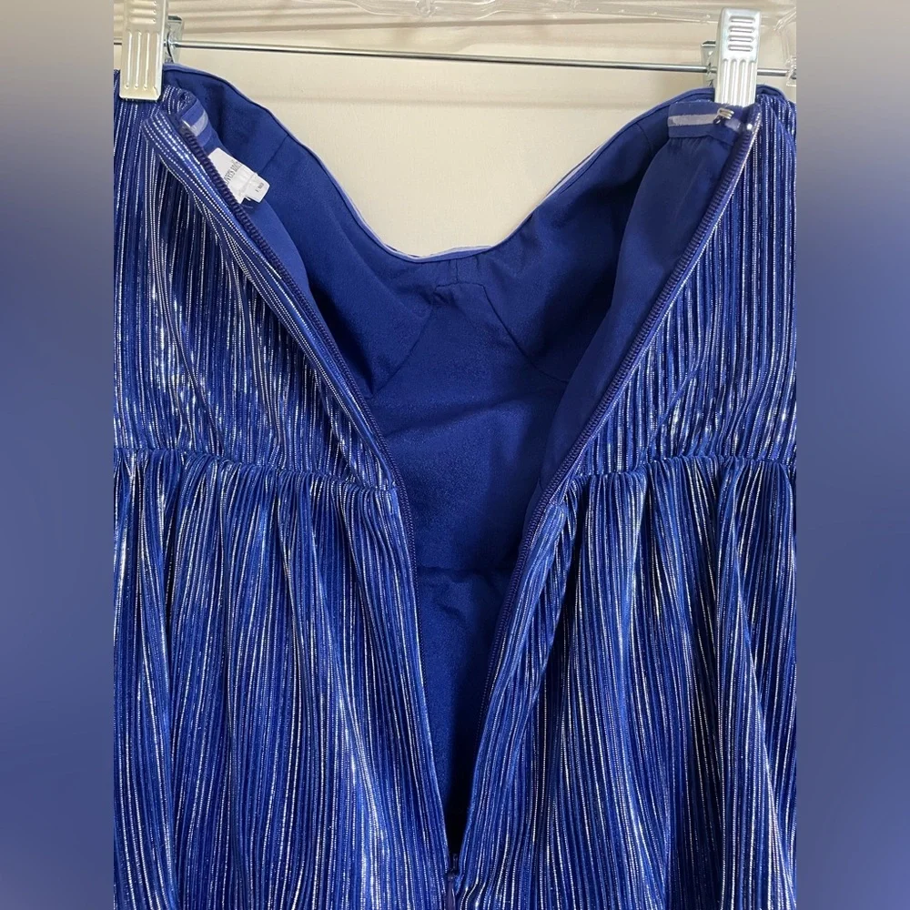 LOVERS + FRIENDS Mya Strapless Tiered Midi Dress Blue Metallic | Wedding Guest - Picture 8 of 11